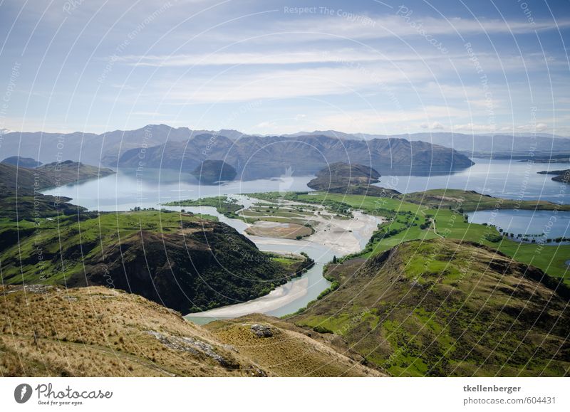 Lake Wanaka New Zealand IV Environment Nature Landscape Earth Spring Mountain Rocky mountain Peak River river delta Riverbed Mouth of a river River bank Flood