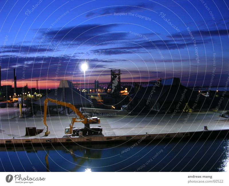 Evening atmosphere at the harbour I Excavator Ocean Jetty Twilight Closing time Port Sky Sunset Harbour Industrial Photography