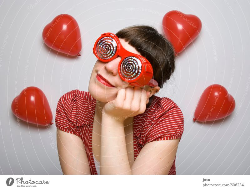 pink glasses I Valentine's Day Feminine Young woman Youth (Young adults) Woman Adults Balloon Heart Smiling Love Dream Happiness Happy Red Contentment