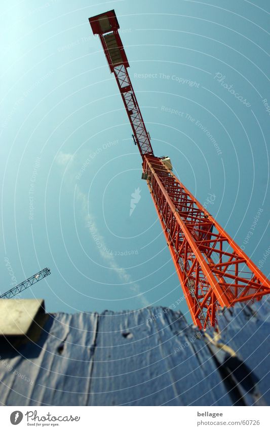 crane Crane Construction site Fence Red Light Wooden fence Steel Worm's-eye view Sky Blue Upward Exterior shot