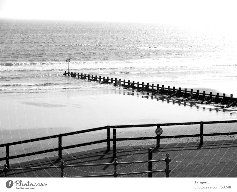Chillout Moods Beach Ocean Lake Scotland Aberdeen Waves Black White North Sea Black & white photo Copy Space top Break water Handrail Deserted Coast Swell