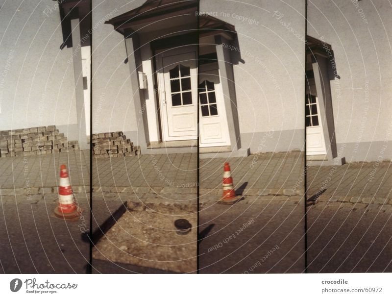 site section Construction site House (Residential Structure) Facade Roof Gray Lomography Street Hollow Orange Hat Door Earth