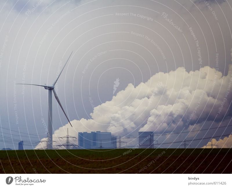 Energy concepts, wind turbine and lignite-fired power plant with steaming cooling towers in NRW Climate change Renewable energy Wind energy plant