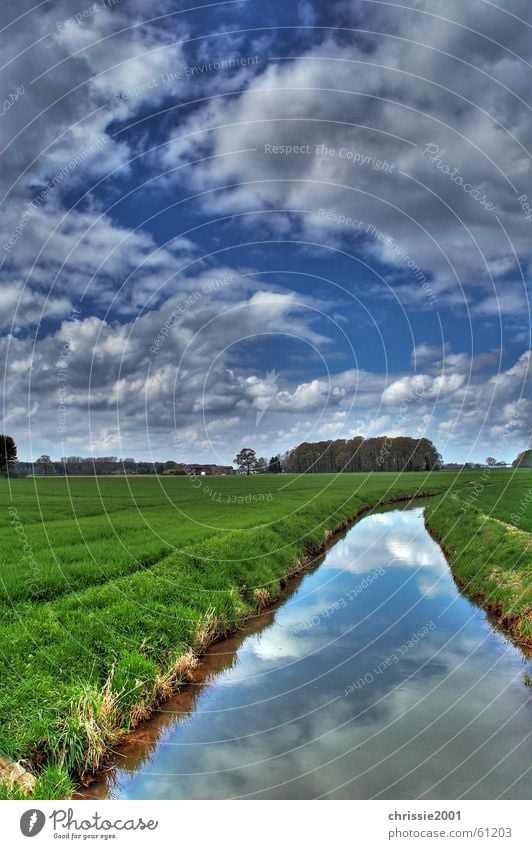 Stream in Winternam Green Clouds Grass Reflection Tree HDR Brook Calm Gale Niederrhein Body of water Current Landscape Contrast River Dynamics external name