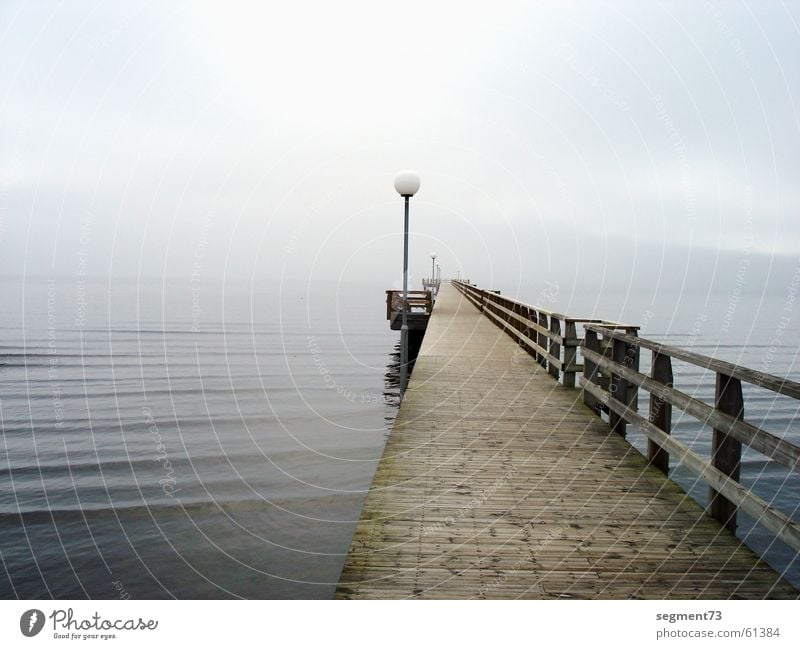 Bridge in the morning Footbridge Lake Ocean Wood Lamp Fog Beach Morning Going Baltic Sea Water Lanes & trails Bright Blue North Sea