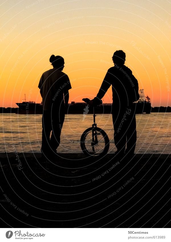 Silhouette at the river (with unicycle) Leisure and hobbies Loneliness Vacation & Travel Trip Adventure Far-off places Freedom Summer Beach Sports Cycling