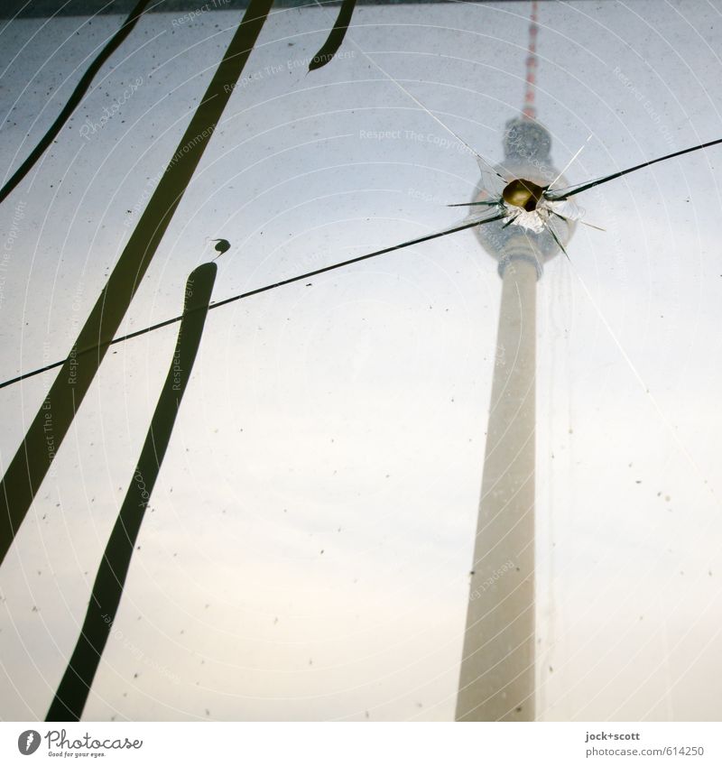 Jump in the bowl Sky Capital city Tourist Attraction Landmark Berlin TV Tower Stripe Broken Cliche Gloomy Aggression Pane Crack & Rip & Tear Impact Strike