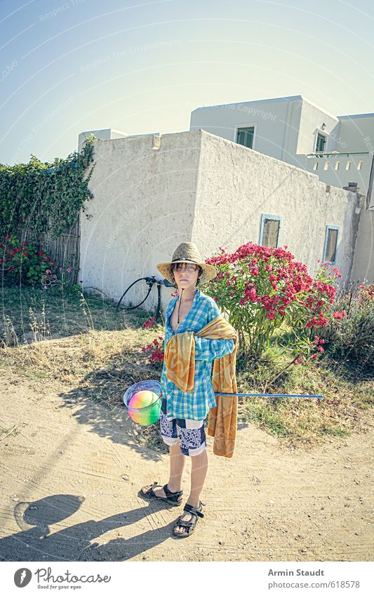 Equipped for the beach Lifestyle Playing Vacation & Travel Summer Ball Human being Masculine Youth (Young adults) 1 13 - 18 years Child Greece Village