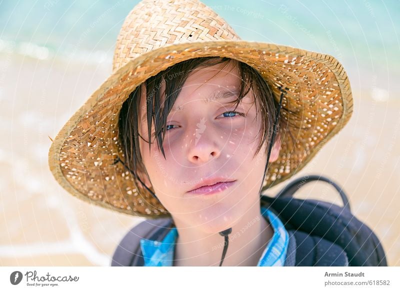 Summer portrait with straw hat Lifestyle Relaxation Vacation & Travel Beach Ocean Hiking Human being Masculine Youth (Young adults) 1 13 - 18 years Child Nature