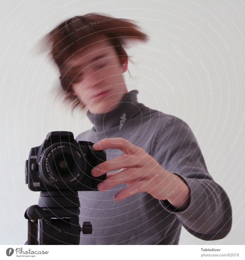 Your photo has been confirmed Tripod Photographer Planning Pushing Shake of the head Man Photography Hand Fingers Sweater Roll-necked sweater Closed eyes Camera