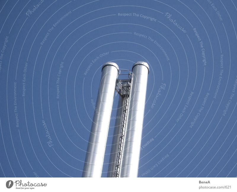 Look Up 2 Exhaust gas Chrome Glittering Environmental pollution Air Industry Modern Sky Dirty Chimney 3 Cloudless sky Parallel Towering Ladder Tall Round