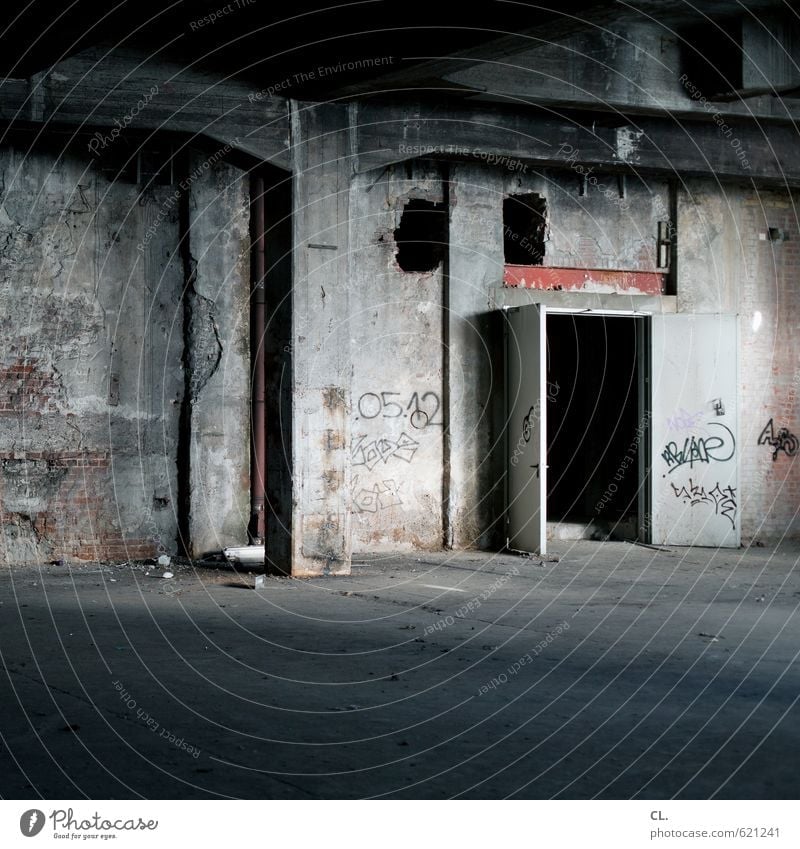 Close the door, there's a draught. Deserted Industrial plant Factory Building Architecture Wall (barrier) Wall (building) Door Old Dirty Dark Creepy Gloomy