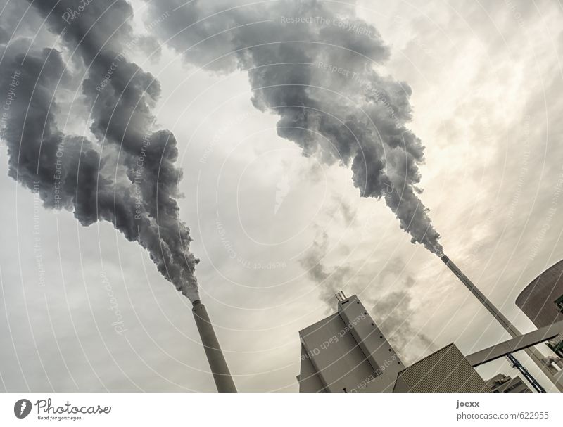 double tailpipe exhaust system Energy industry Coal power station Industry Environment Sky Clouds Climate Bad weather Smoking Hideous Town Gray Black White