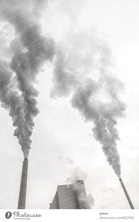 smoking corner Energy industry Coal power station Energy crisis Environment Air Clouds Climate Climate change Building Facade Smoking Tall Gray Black White