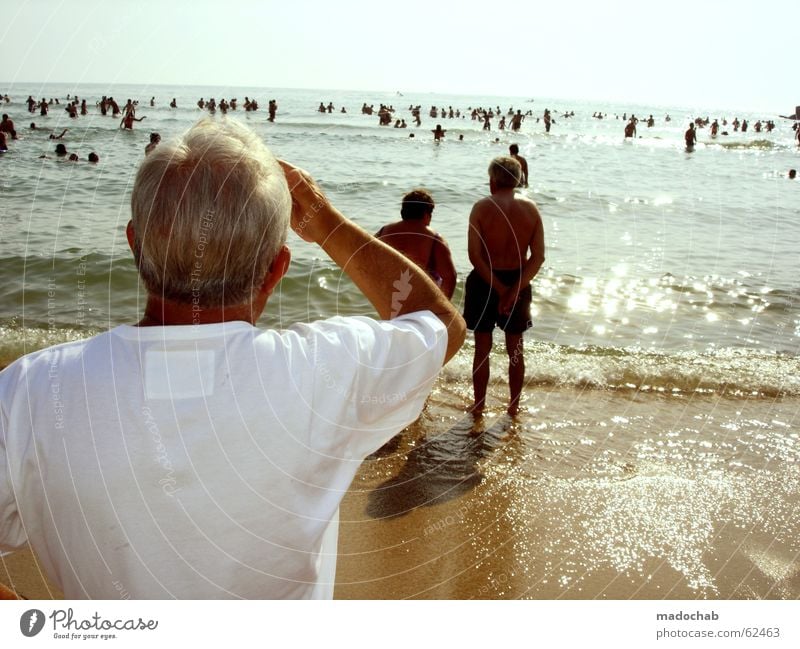 BUT WHERE?!!? | pensioner sea holiday longing homesickness tourism Vacation & Travel Tourist Tourism Man Beach Ocean Far-off places Voyeurism Senior citizen