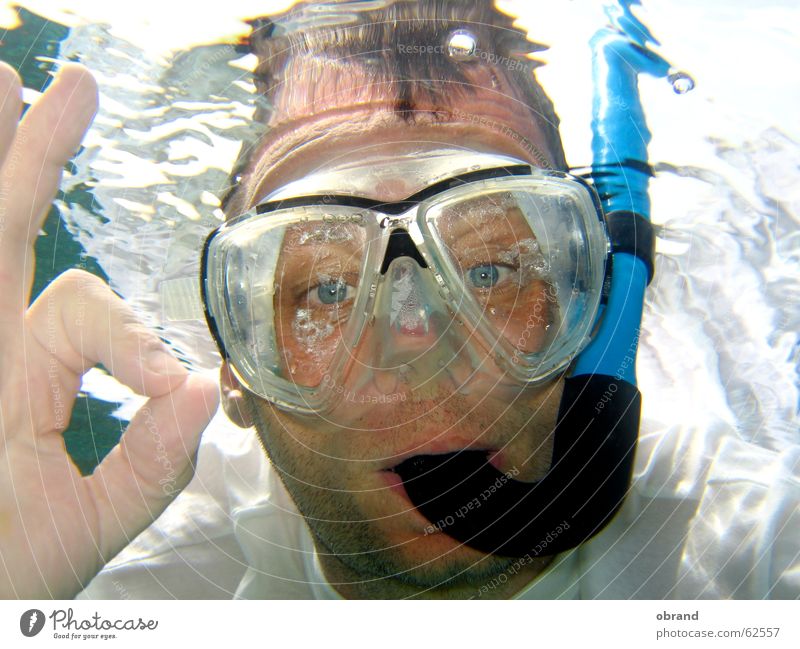 Everything's OK! Diving equipment Diving goggles Gesture man with diving mask Underwater photo everything ok