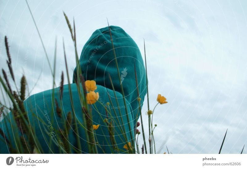 hooded woman Hooded (clothing) Sweater Grass Meadow Flower Green Turquoise Clouds Yellow Summer Spring Lawn Sky Freedom Wrinkles sunshine