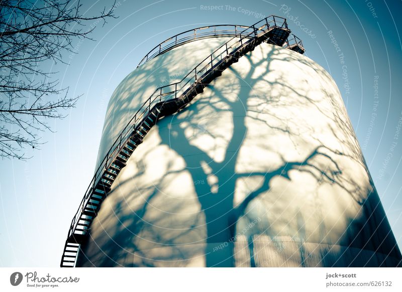 refuel naturally Energy industry Tank Cloudless sky Beautiful weather Winter Stairs Warmth Surrealism Moody Change Shadow play Time Illusion Vignetting Abstract