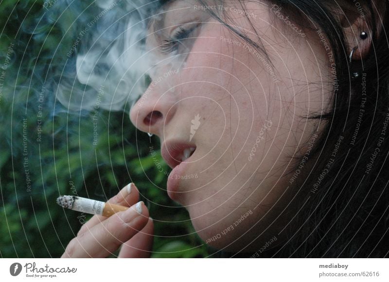 nicotine Smoking Smoke Breathe Think Cigarette Dependence Nicotine Colour photo Exterior shot Day Closed eyes Young woman Youth (Young adults) 18 - 30 years