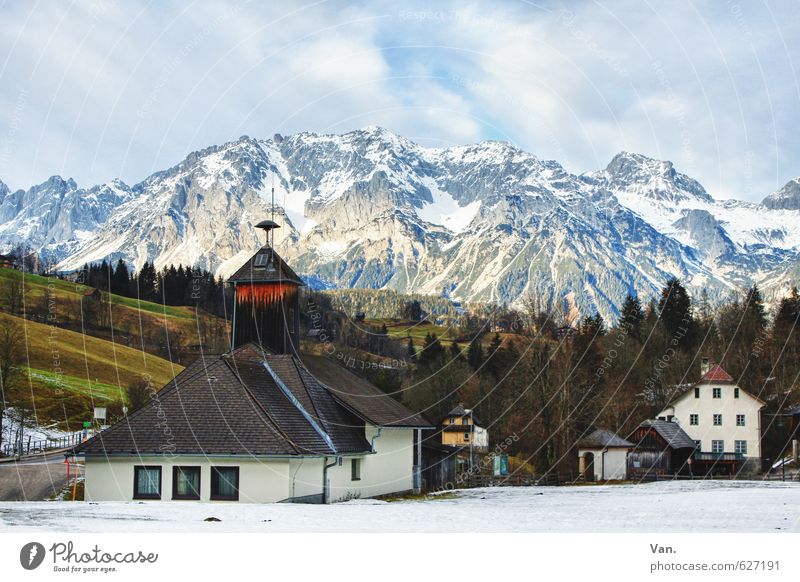 Holiday greetings from Austria Nature Landscape Sky Clouds Winter Beautiful weather Snow Tree Grass Field Rock Alps Mountain Peak Snowcapped peak Village