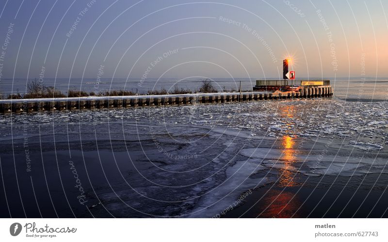 port entrance Landscape Water Sky Cloudless sky Night sky Horizon Sun Sunrise Sunset Winter Beautiful weather Ice Frost Snow Coast Baltic Sea