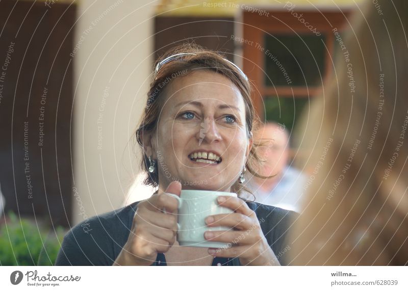meeting with friends - laughing mature woman with coffee cup Hot Chocolate Coffee Cup Joy Happy Restaurant Going out To have a coffee Woman Adults Head Hand