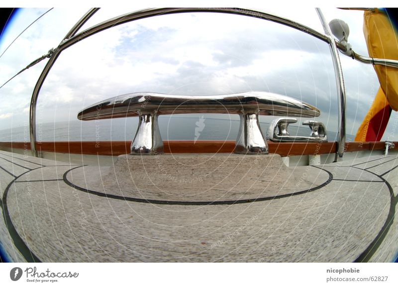 cleat Sailing Ocean Sky Lake Plank Wood Railing Fisheye Wide angle Round Clouds sailor Parking level Metal Circle all around lens super wide angle