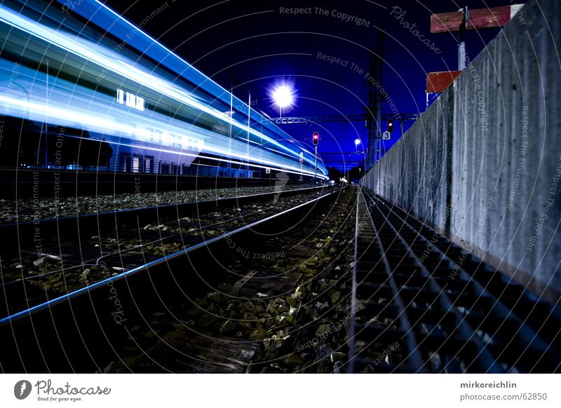 Night train. Railroad Long exposure Speed Light Lighting Blue bigway