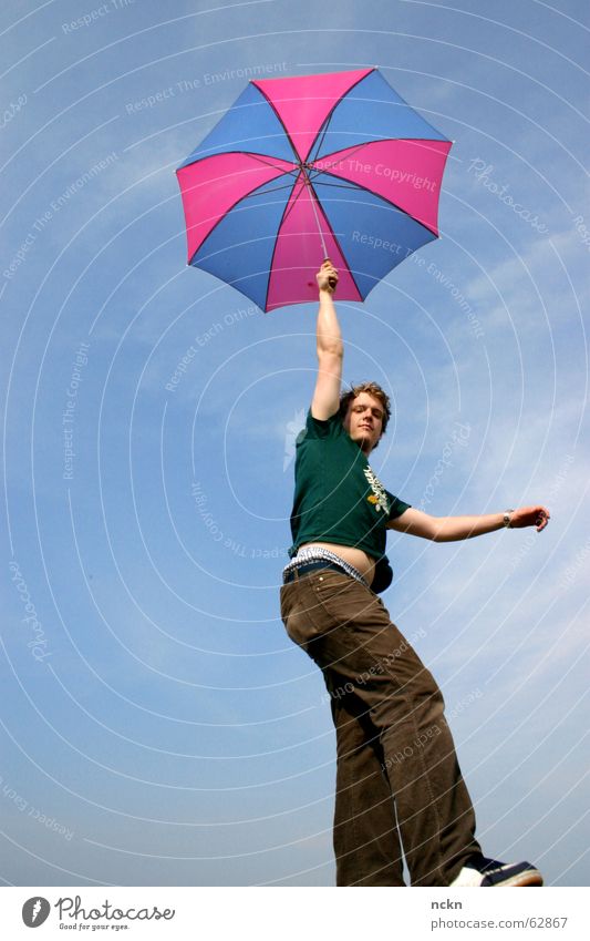 Monstrous Flight Object Umbrella Summer Pink Magenta Cyan Ease Light heartedness Good mood Clouds Disaster Airplane UFO Corner T-shirt Sky Flying Aviation Blue