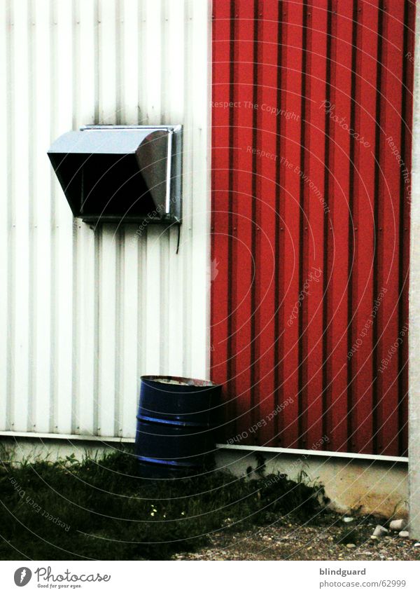 Variations in Sheet metal Production Keg Ventilation Backyard Wall (building) Warehouse Red White Building rubble Industrial Photography Storage Blue