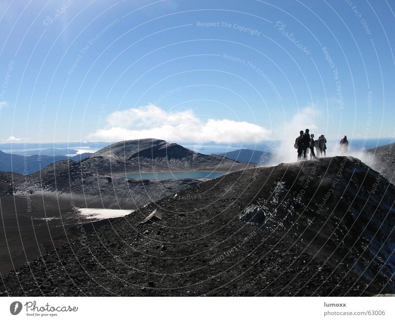 Tongariro Colour photo Exterior shot Day Silhouette Long shot Vacation & Travel Freedom Hiking Climbing Mountaineering Human being 6 Group Landscape Earth Water