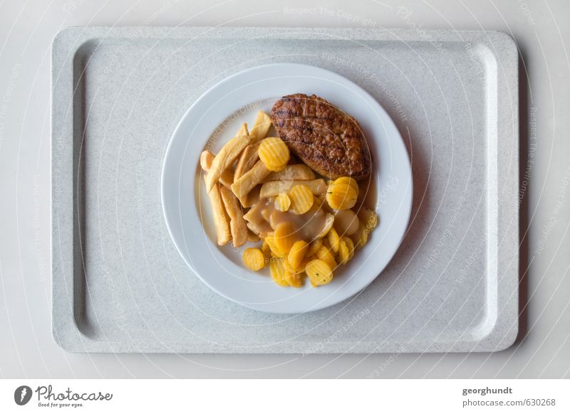 Mensa: healthy yellow-brown disc mixture III Food Meat Sausage Vegetable French fries boulette Meat loaf Carrot Nutrition Lunch Crockery Plate tablet Overweight