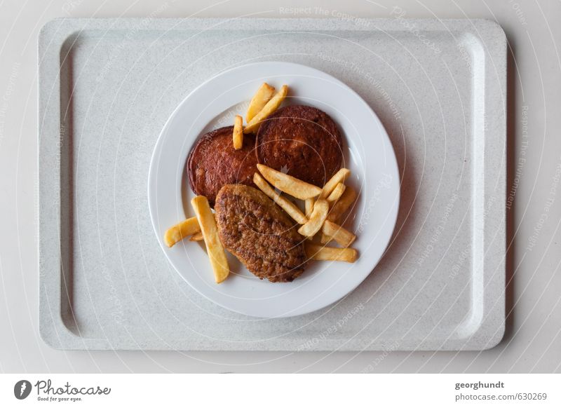 Mensa: healthy yellow-brown disc mixture II / Antivegetarian II Food Meat Sausage French fries chasseur sausage boulette Meat loaf meatball escalope chasseur