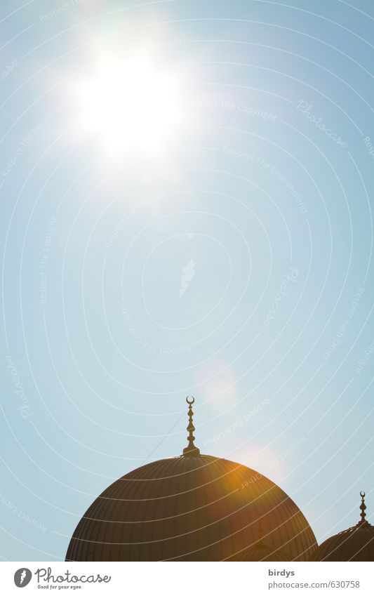 mosque Cloudless sky Sun Sunlight Beautiful weather Architecture Mosque Roof Domed roof Sign Arabian crescent Illuminate Esthetic Exotic Hot Bright Blue