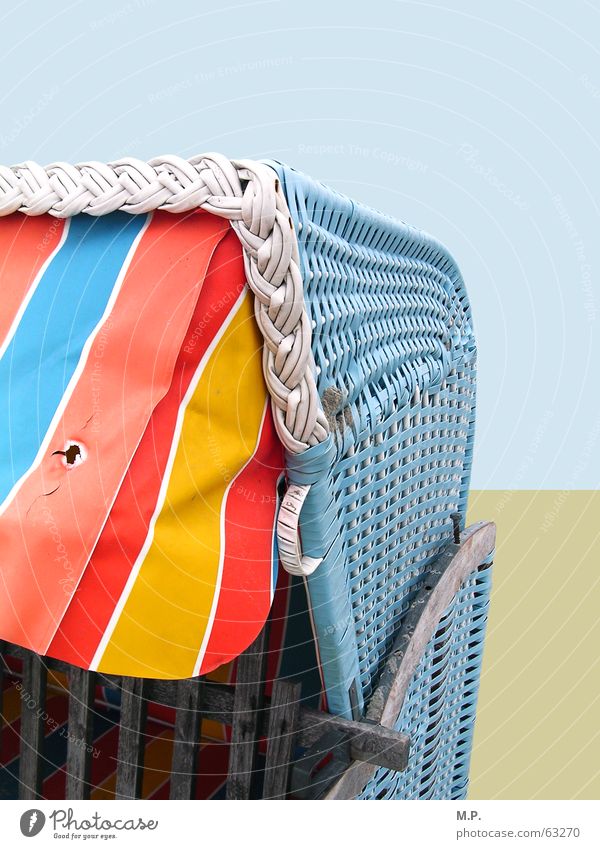 beach chair Beach chair Ocean North Sea Baltic Sea Coast Vacation & Travel Rent Blue Red Yellow Sand Striped Happiness Multicoloured Basket Sun blind Graphic