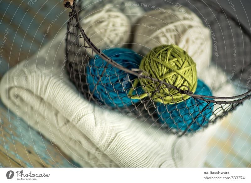 ball of wool Sweater Basket Wire basket Blanket Wool blanket Knot Table Knit Handcrafts Simple Friendliness Beautiful Cuddly Original Retro Warmth Blue Green