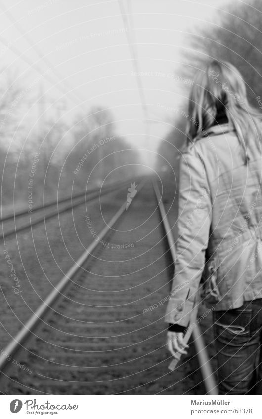 christian Railroad tracks Loneliness Grief Suicide Lovesickness Black & white photo Calm Contentment Back Electricity Train station Woman blonde girl