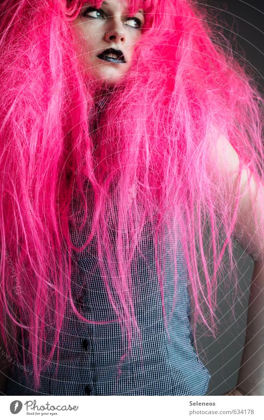 PINk Hair and hairstyles Face Make-up Lipstick Feasts & Celebrations Carnival Human being Feminine Woman Adults 1 Long-haired Wig Wild Pink Carnival costume