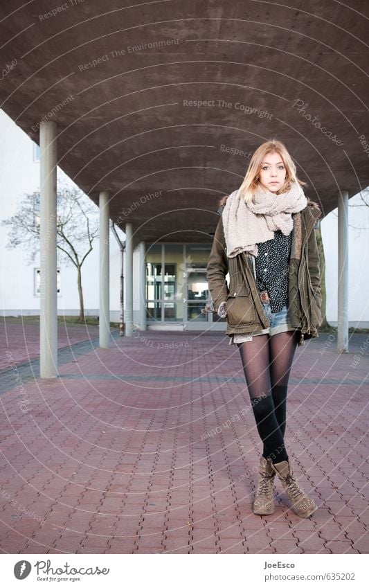#635202 Lifestyle Style School Academic studies Examinations and Tests Woman Adults 1 Human being Building Fashion Jacket Stockings Scarf Blonde Think Stand