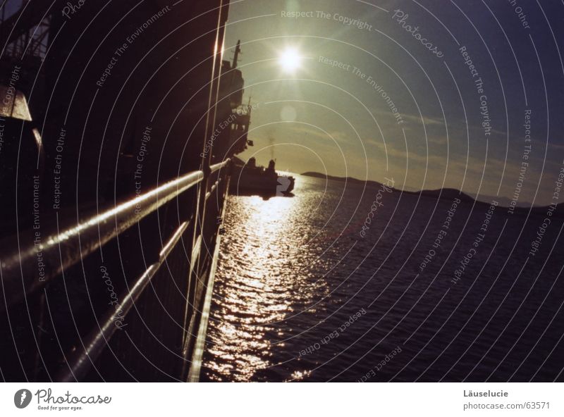 that dazzles Ferry Watercraft Greece In transit Sunset Ocean Summer Seaman Light Dazzle Mountain Evening Shadow