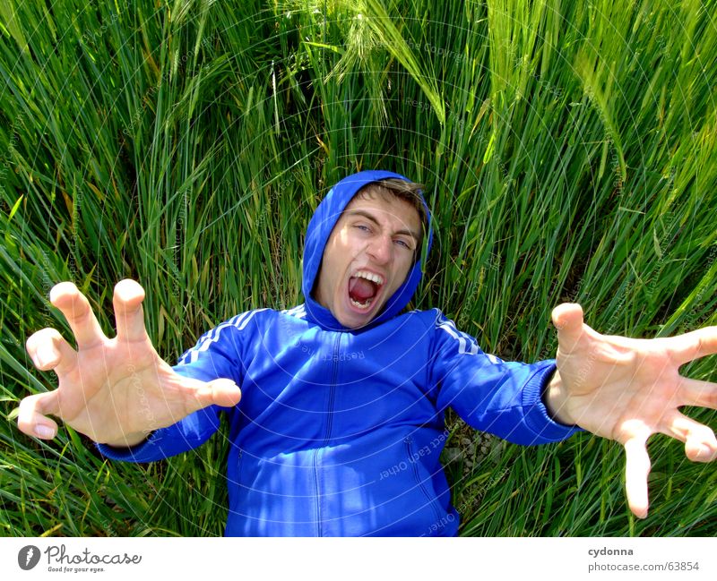 The Giant Baby Man Jacket Hooded jacket Portrait photograph Grass Field Summer Emotions Green Claw Destroyer Funny Crazy Giant baby Hand Human being Face