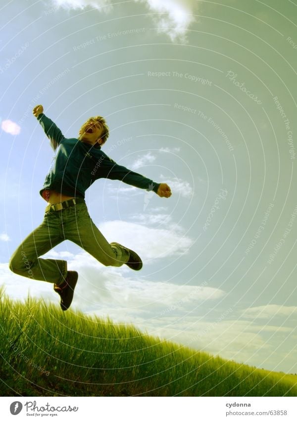 Jump free! #1 Man Jacket Hooded jacket Grass Field Summer Emotions Hop Crazy Playing Posture Human being Facial expression Looking Nature Sky Power Flying