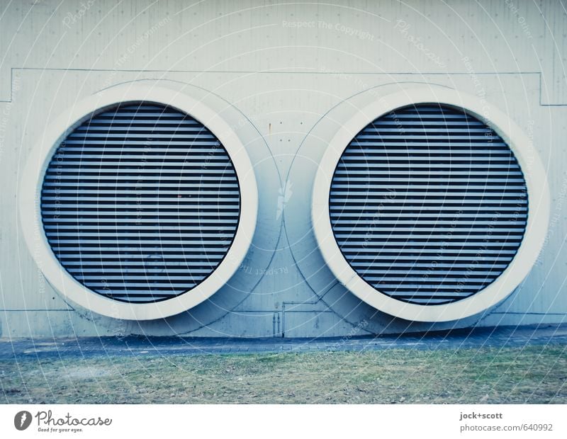 Lines in two circles Technology Ventilation Manmade structures Wall (building) Pipe Metal grid Concrete Large Modern Round Gloomy Design Symmetry Circle