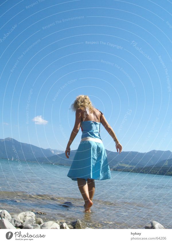 Jets_Legs Summer Dress Pebble Blonde Woman Vacation & Travel Relaxation Harmonious Clouds Leisure and hobbies Barefoot Lake Vertical Blue wade Sky Mountain Alps