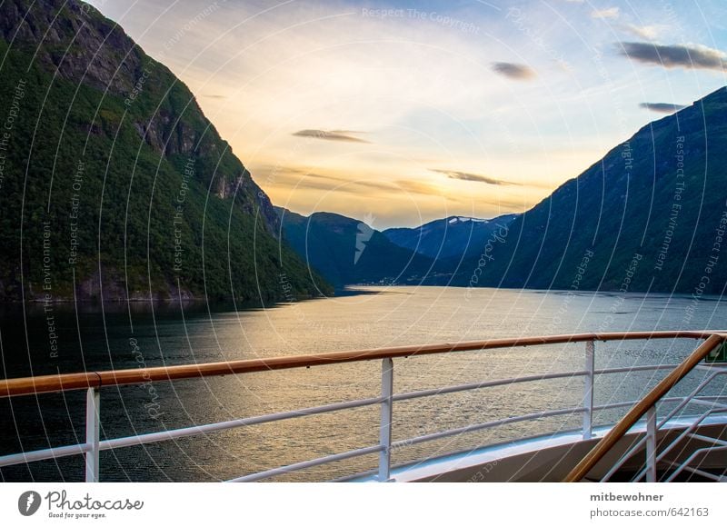 Evening atmosphere in the fjord Vacation & Travel Tourism Trip Far-off places Cruise Mountain Landscape Horizon Weather Beautiful weather Hill Coast Fjord