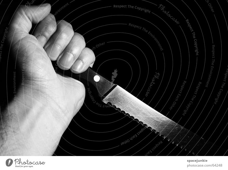 the knife Dark Dangerous Panic Creepy Horror film Cut Pierce Attack Hand Black Knives bread knife Fear Threat Black & white photo Blade