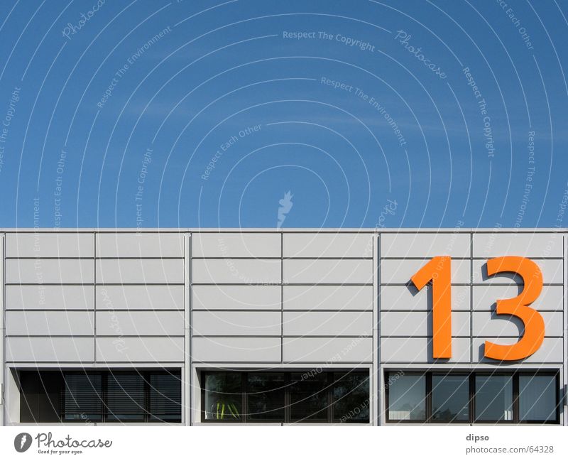 Thirteen 2. 13 Digits and numbers Window Work and employment Workplace Summer Symmetry Friday 13 Warehouse Sky Blue Orange Hall Exhibition hall Trade fair