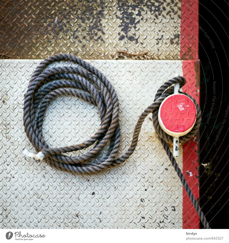 created and moored Navigation Rope Jetty Esthetic Authentic Round Red White Safety Strick rope Arrangement Colour photo Deserted Copy Space top