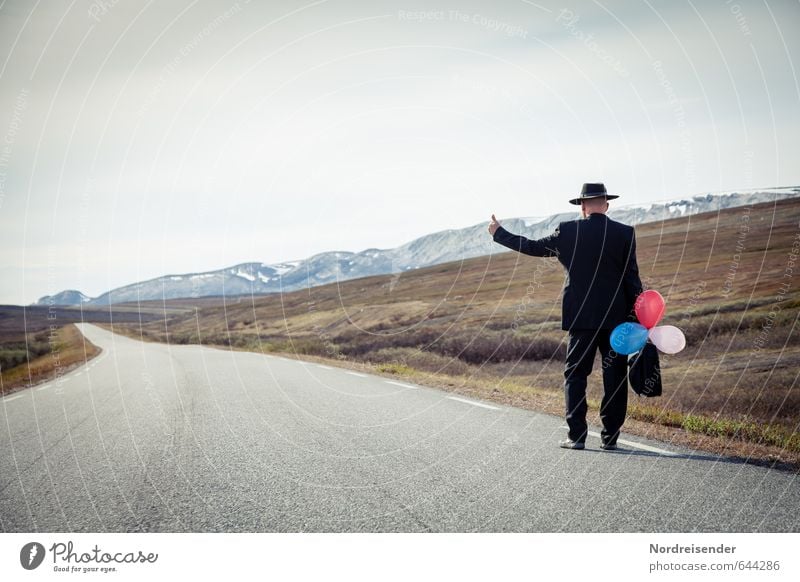 hobo Adventure Far-off places Freedom Human being Masculine Man Adults Male senior Senior citizen 1 Mountain Street Lanes & trails Suit Suitcase Hat Balloon