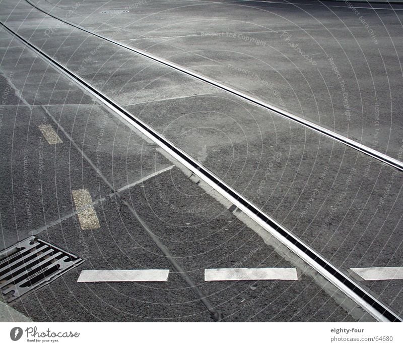 track_study_05 Asphalt Concrete Railroad tracks Tram Driving Transport Gray Gully Street eighty-four Lane markings
